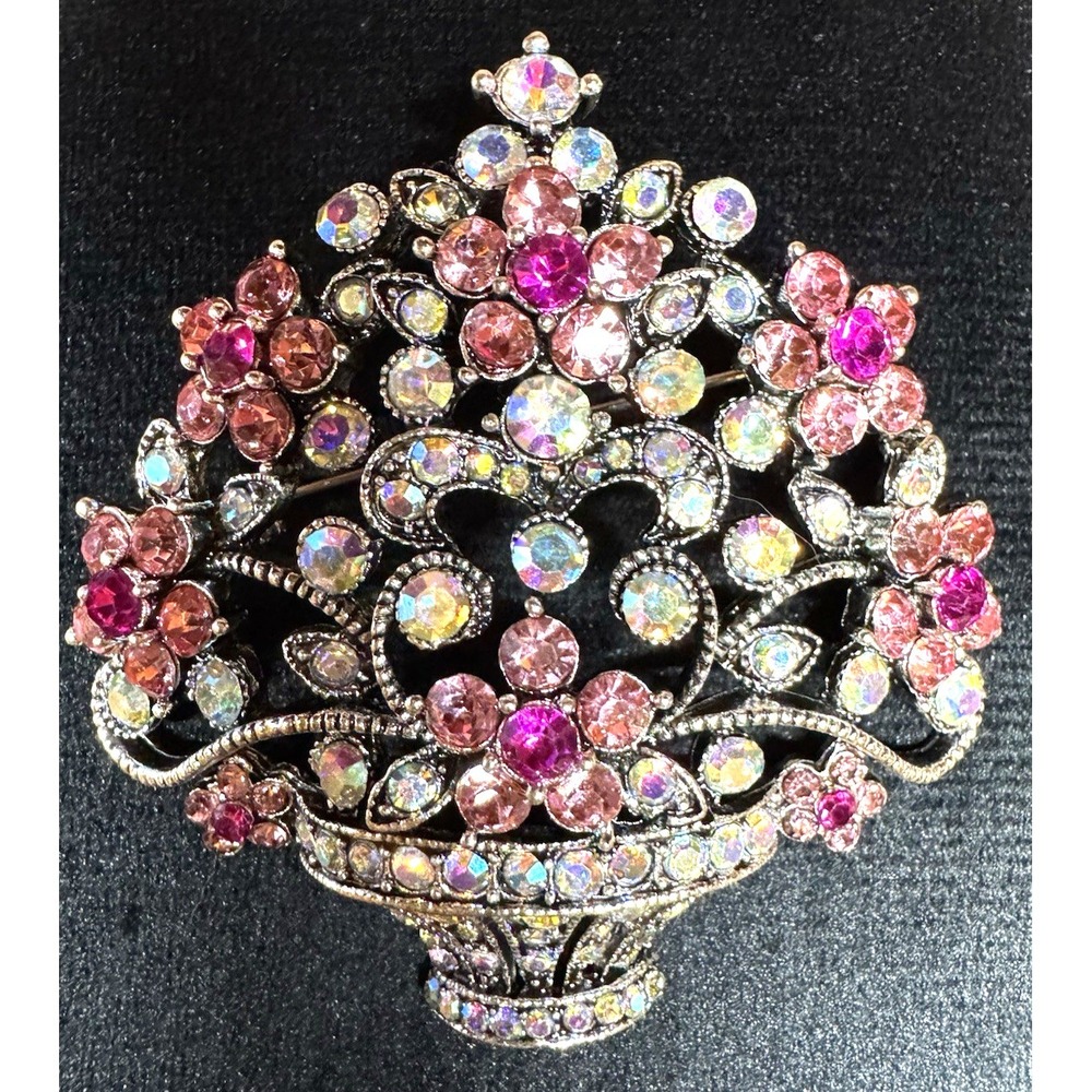 Vintage Rhinestone Crown Basket Brooch‎ Pink AB Floral Silver Tone